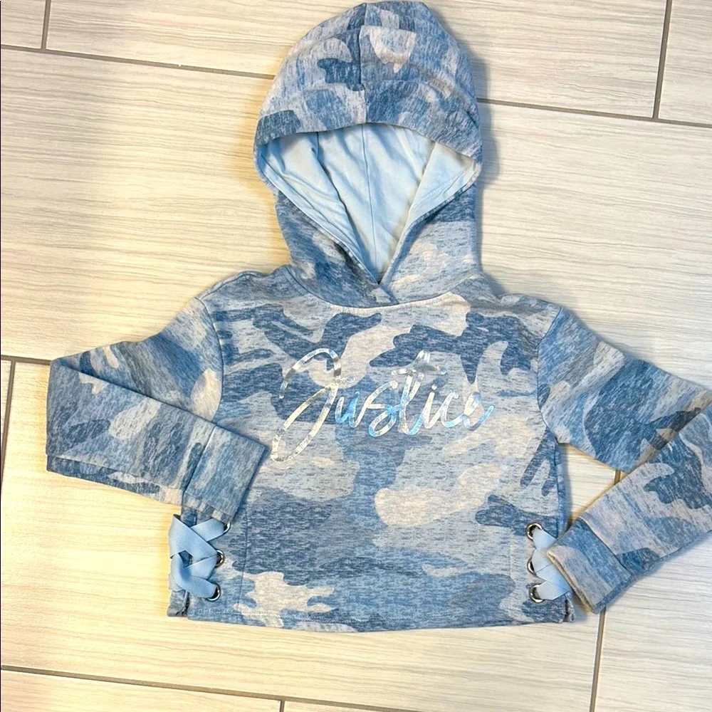 Girls Blue Camouflage Hoodie with Lace-Up Sides by Justice size 6